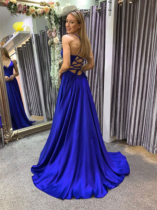 Robe longue de bal bleu ligne A, bretelles spaghetti, col en V en satin, avec fente