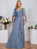 Vestido para la madre de la novia línea A con escote en V, largo hasta el suelo, encaje y gasa con lentejuelas florales 3D y volantes en cascada