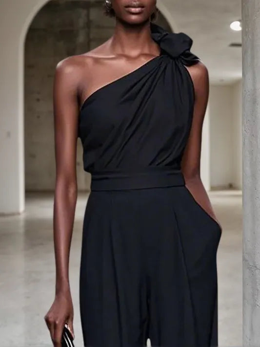 Black 3D Floral One Shoulder H-Line Jumpsuit