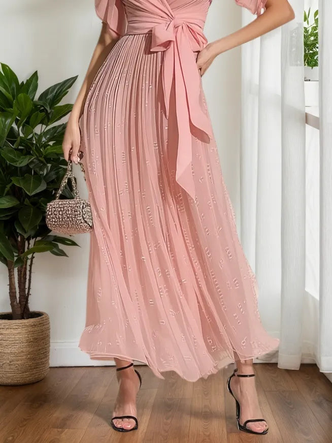 Vestido maxi justo rosa em chiffon com laço franzido, decote em V e mangas curtas