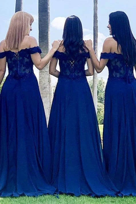 Indigo Lace Off-the-Shoulder A-Line Long Bridesmaid Dress