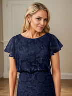 A Line Boat Neck Short Sleeve Floral Burnout Mother of the Bride Dress