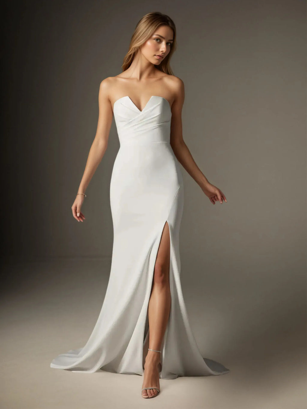 Vestido de noiva branco trompete/sereia com decote em V e crepe stretch