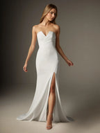 Vestido de noiva branco trompete/sereia com decote em V e crepe stretch