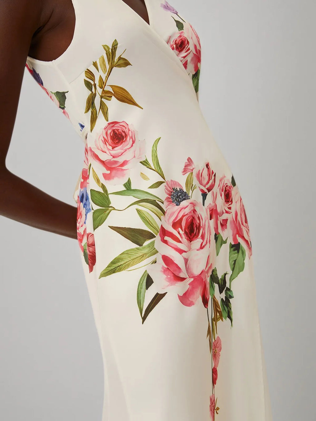 Rosa Wickelkleid mit floralem Kreuzmuster, V-Ausschnitt, ärmellos, Mermaid-Abendkleid