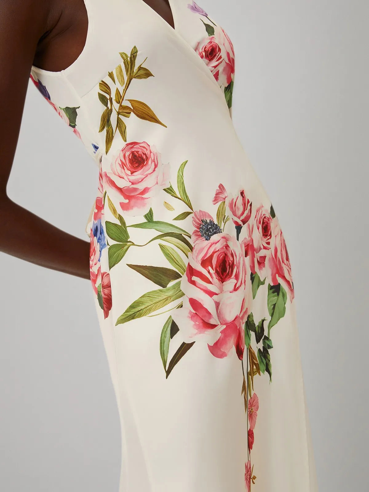 Rosa Wickelkleid mit floralem Kreuzmuster, V-Ausschnitt, ärmellos, Mermaid-Abendkleid