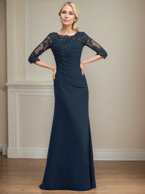 Vestido para madre de la novia en línea A con escote redondo, largo hasta el suelo, gasa, encaje, cuentas, pliegues y lentejuelas