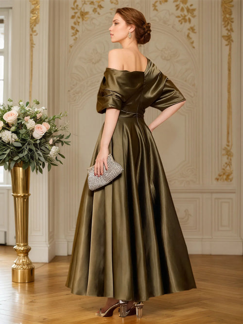 Robe de mère de la mariée ligne A manches courtes plissée longueur cheville en satin soyeux