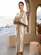 Half Sleeves Mermaid Satin Tea Length Long Evening Dresses with 3D Flower