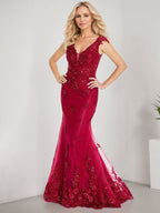 A-Linien V-Ausschnitt bodenlanges Spitzen-Chiffon Kleid für die Brautmutter mit Applikationen und Pailletten Meerjungfrauenkleid