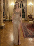 Champagne Gold Crystal-Embellished Corset Long Prom Dress with Slit