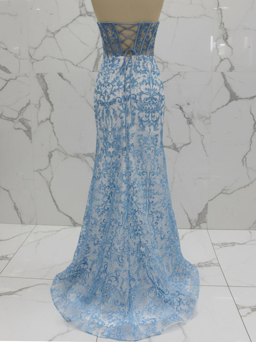 Blaues trägerloses Ballkleid mit Perlenbesatz, Korsett und Raffung, lang