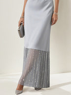 A-Linien silbernes Satin-Kleid mit Spaghettiträgern, ärmellos, bodenlang, mit Pailletten