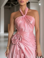 Pink Flash 3D Floral Classic Halter Sleeveless A-Line Maxi Dress