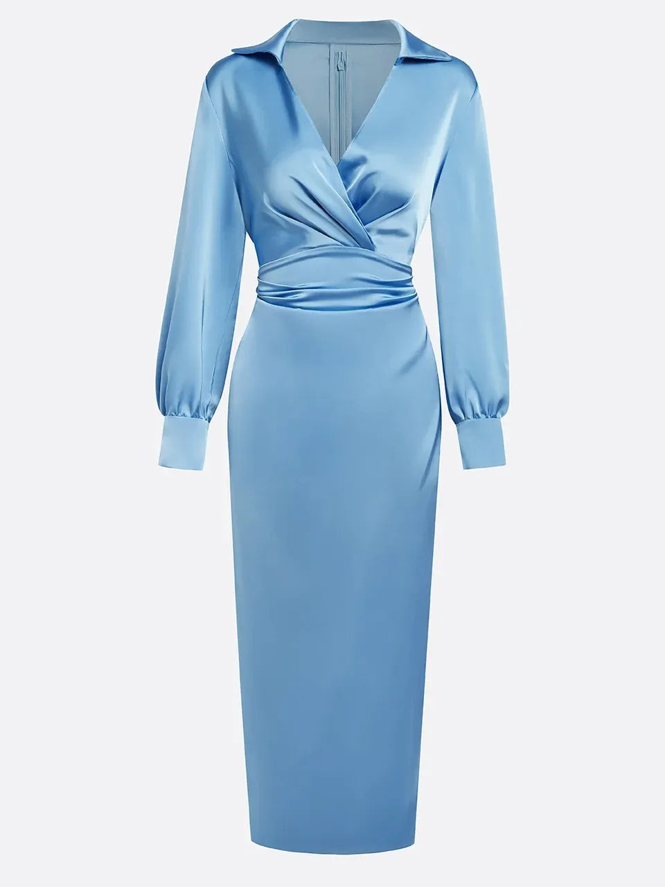 Abito midi a guaina in raso blu con collo a camicia arricciato