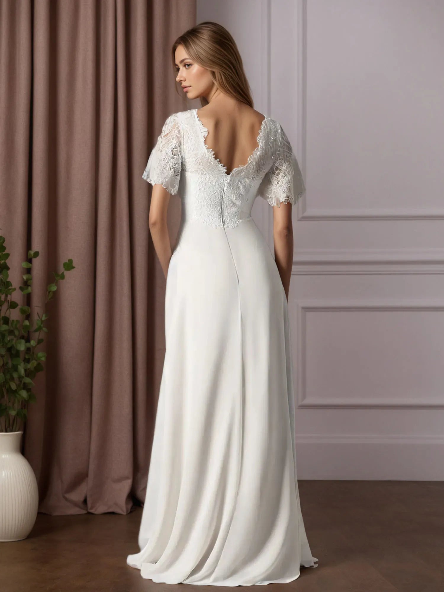 Weißes A-Linien V-Ausschnitt Spitzen Chiffon Hochzeitskleid