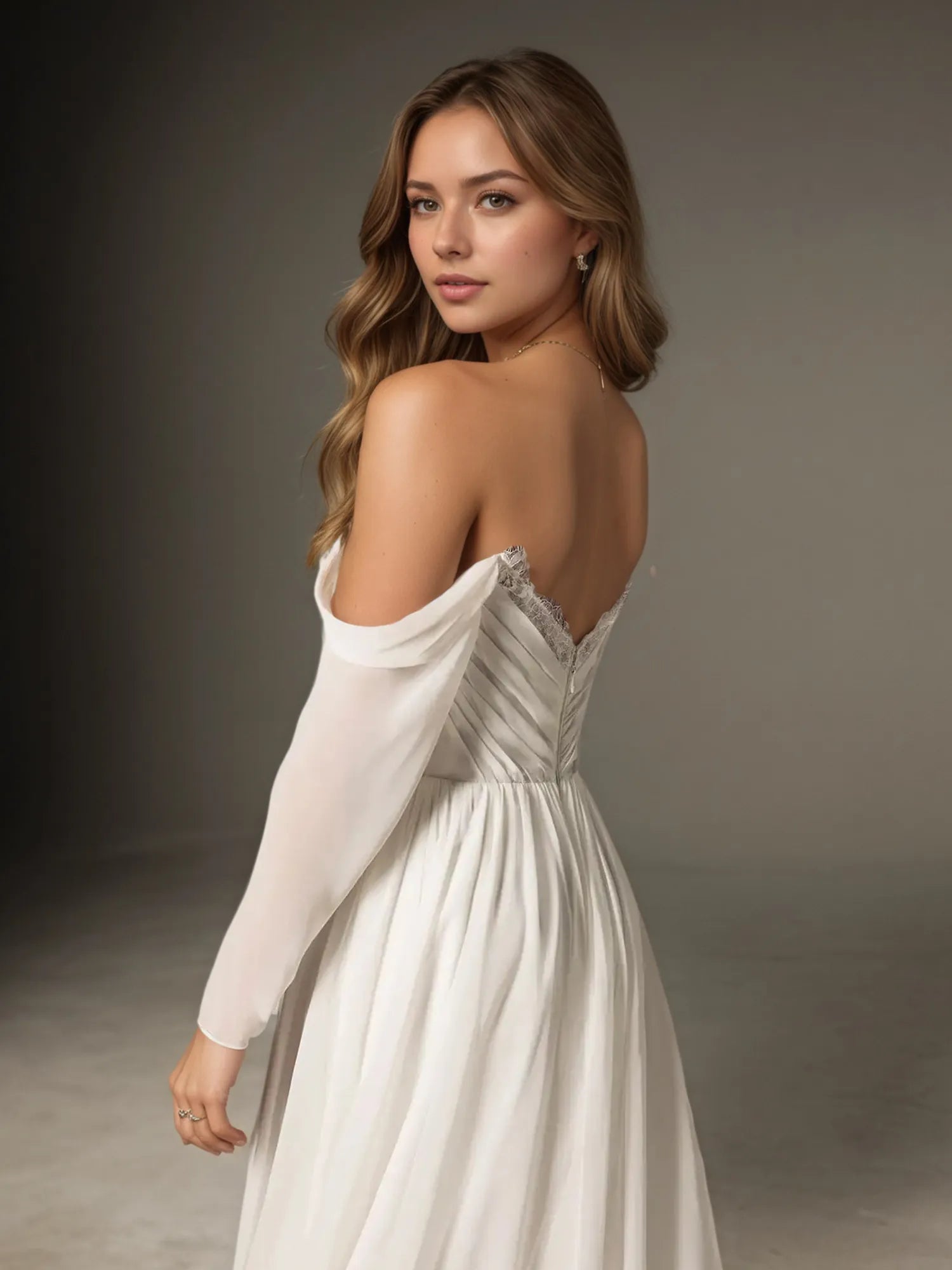 Abito da sposa in pizzo e chiffon con scollo a cuore e linea ad A