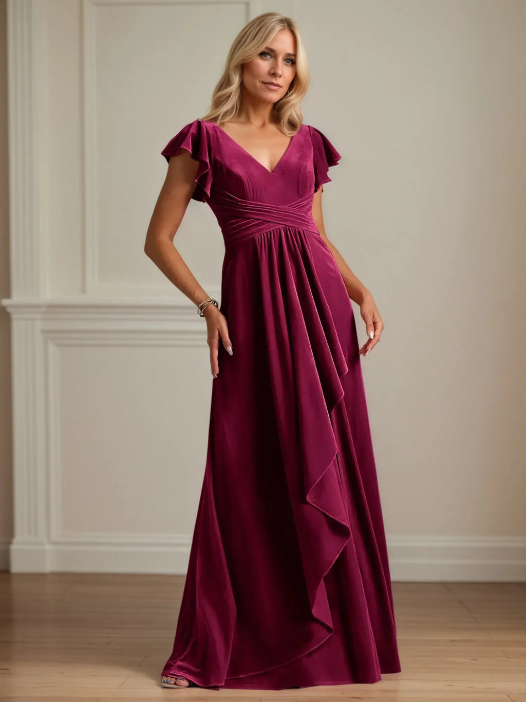 A-Linien V-Ausschnitt Kurzarm Samt Brautmutterkleid mit Rüschen