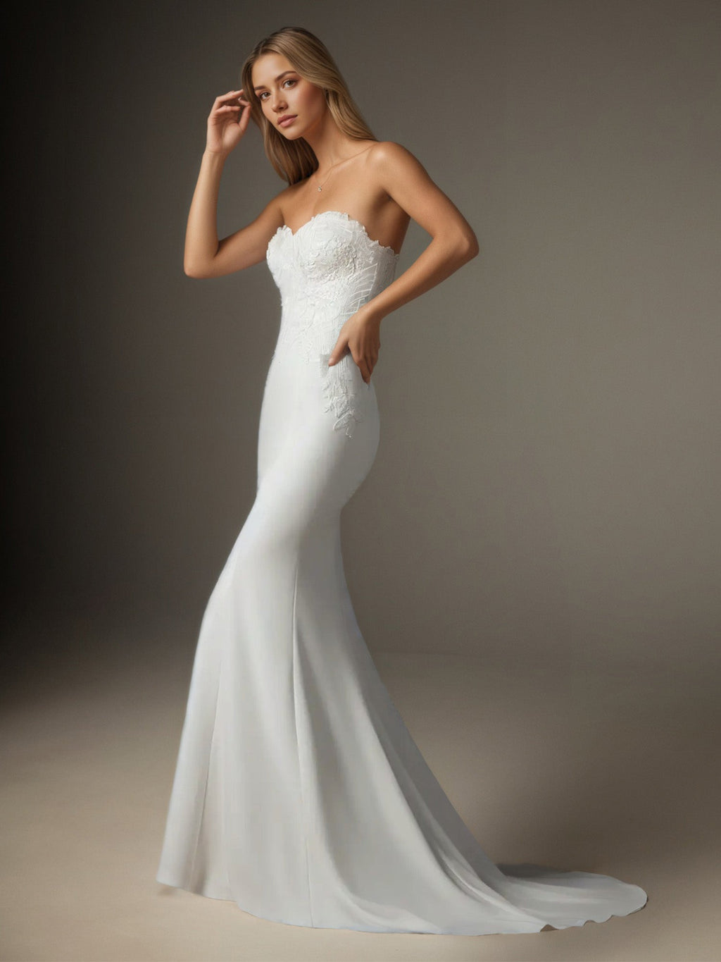 Weißes Meerjungfrauen-Hochzeitskleid aus Pailletten-Stretch-Crêpe