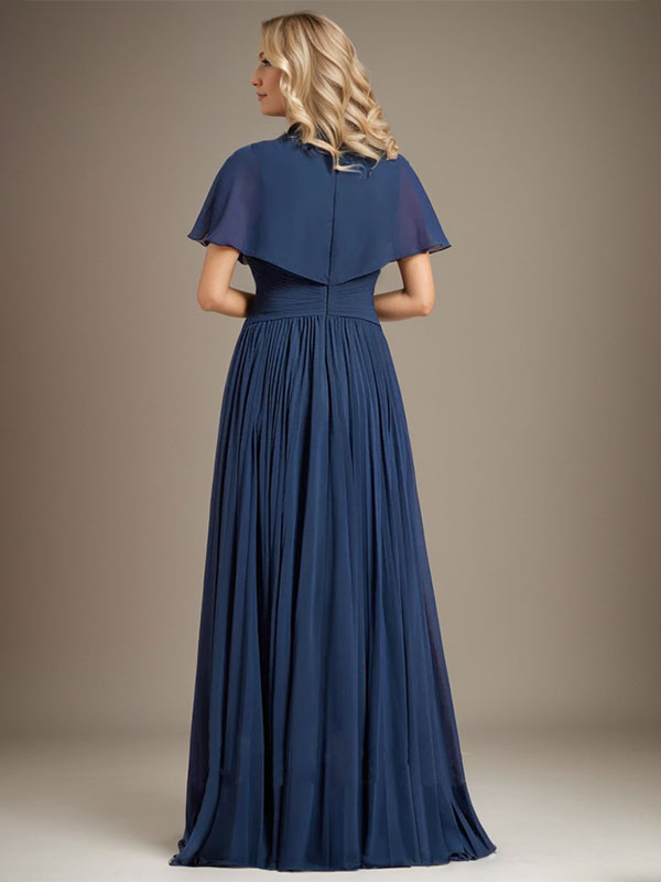 A-Linien V-Ausschnitt Bodenlanges Chiffon Brautmutterkleid mit Kristallbrosche und Plisseefalten
