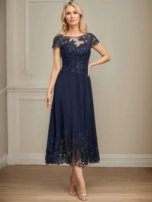 Robe mère de la mariée ligne A illusion à col rond longueur thé en dentelle mousseline avec paillettes