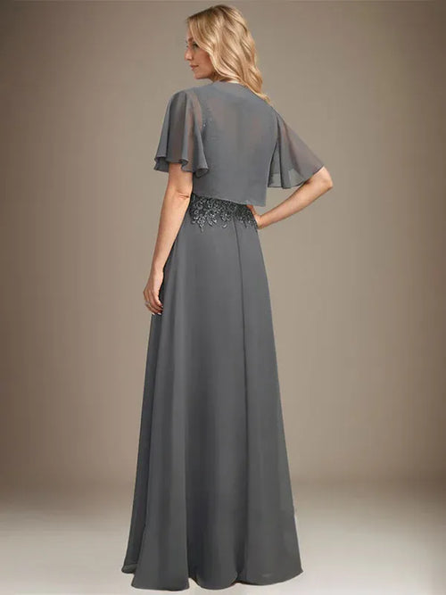 Robe de mère de la mariée en dentelle et mousseline de soie, ligne A, illusion décolleté rond, longueur au sol avec sequins