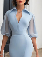 Vestido formal de trabajo azul con solapa, abertura y malla maxi