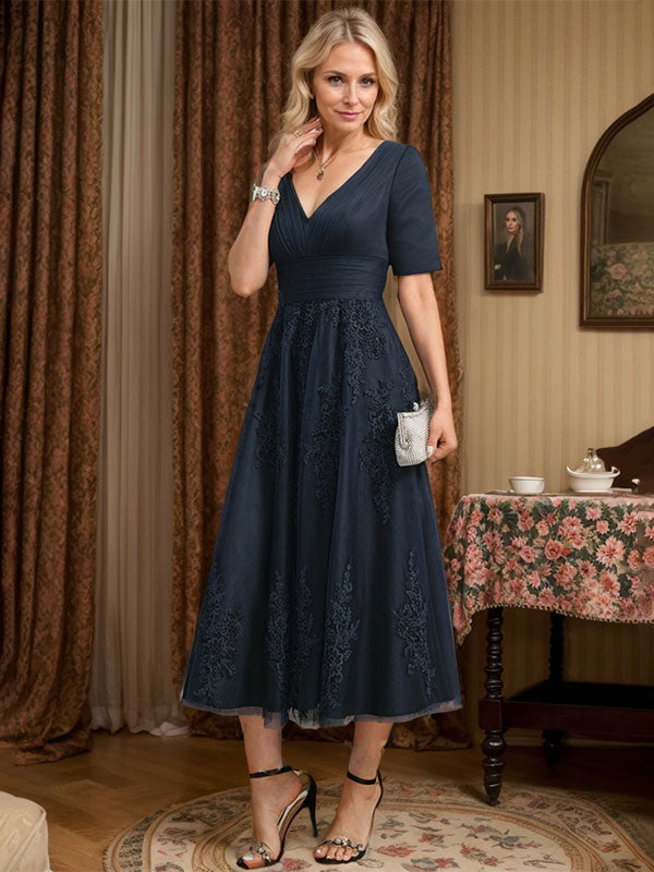 A-line V-Neck Tea-Length Tulle Lace Mother of the Bride Dress With Pleated