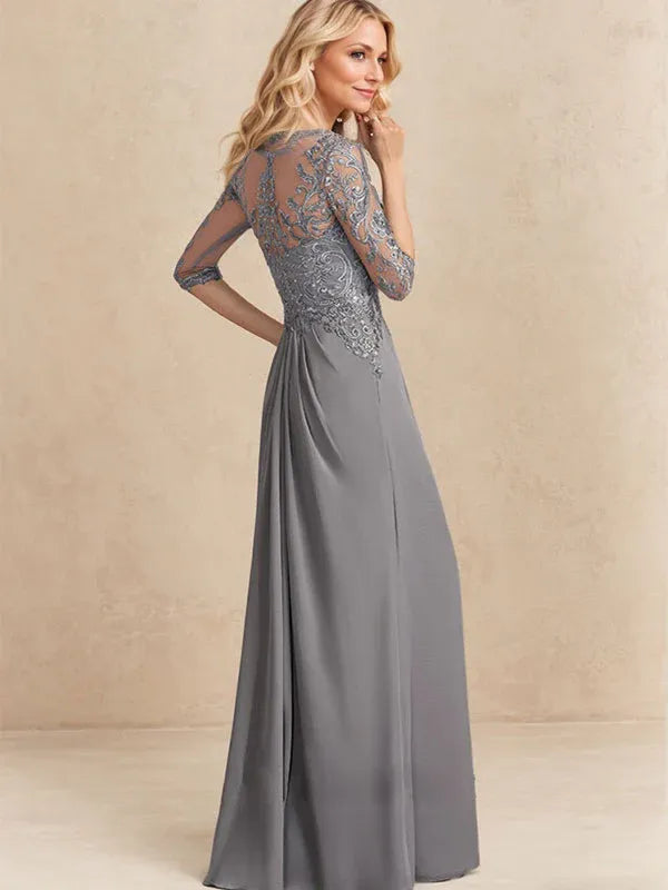 Vestido para la madre de la novia línea A con escote redondo ilusión, largo hasta el suelo, de gasa y encaje con cuentas, lentejuelas y volantes en cascada