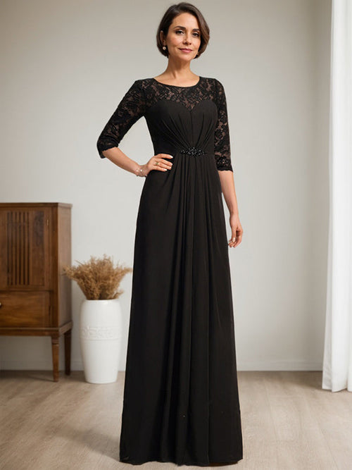 Robe mère de la mariée longue en dentelle et mousseline, ligne A, encolure illusion arrondie avec perles et volants
