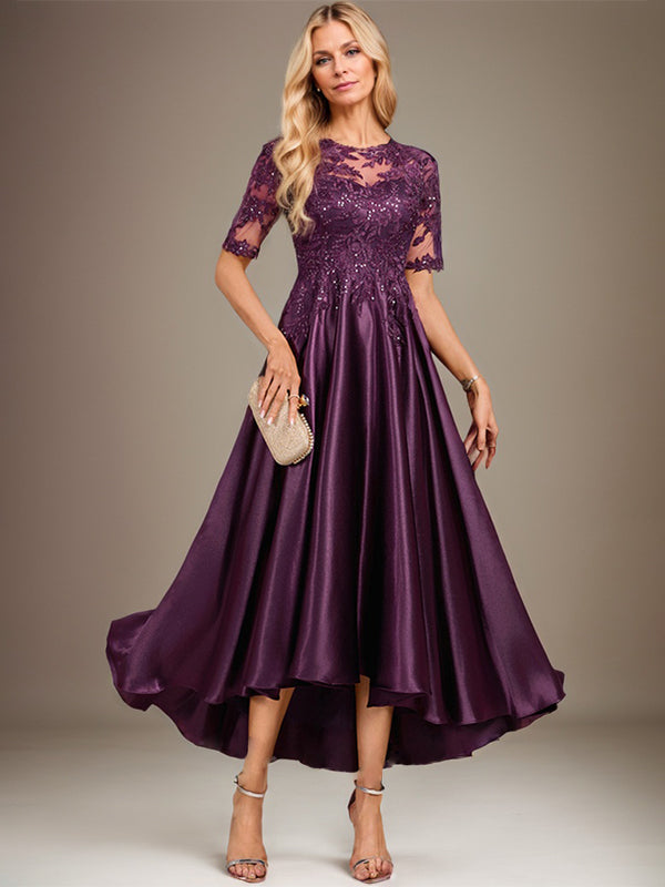 A-line Scoop Illusion Asymmetrical Stretch Satin Lace Mother of the Bride Dress With Sequins