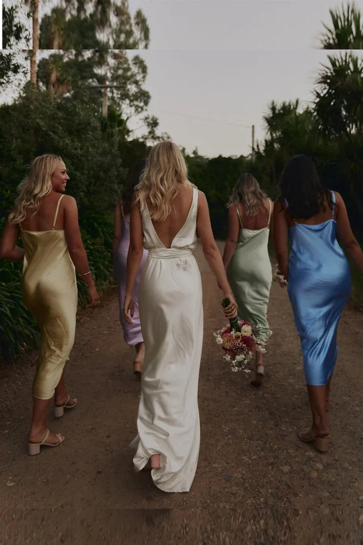 ankle length bridesmaid dresses Sheath Silk Satin V Neck Ankle Length Bridesmaid Dresses with Straps – DUNALI