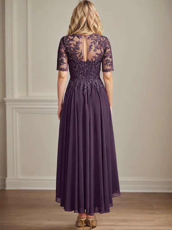 A-Linien Scoop-Ausschnitt Illusion asymmetrisches Chiffon-Spitzen-Mutter-der-Braut-Kleid mit Pailletten