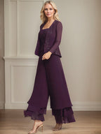 Conjunto separado mono/pantalón de encaje y gasa hasta el tobillo para madre de la novia con lentejuelas
