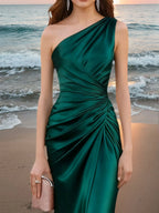 Robe de soirée maxi sirène en satin vert émeraude à une épaule
