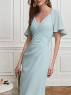 Hochzeitsgast Halbformelles Kleid hellblaues V-Ausschnitt Chiffon Midikleid