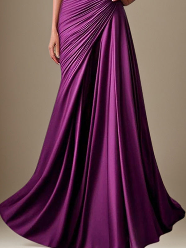 A Line Purple Satin Off the Shoulder Sleeveless Floor Length Dress With Ruffles