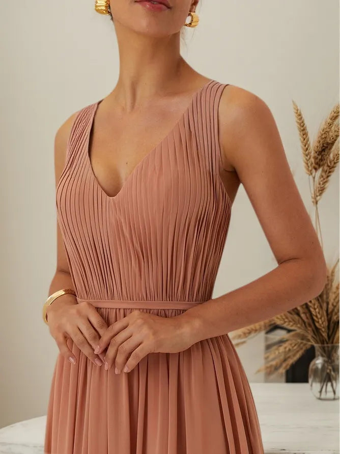 Vestido de Festa Rosa com Franzido, Decote em V, Sem Mangas, Corte A, Longo, para Madrinhas