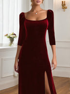 Vestido formal de terciopelo burdeos para madre de la novia, largo maxi con escote cuadrado
