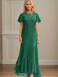 A-Linien Kleid mit Rundhalsausschnitt, kurzen Ärmeln und Chiffon für die Mutter der Braut mit Applikationen