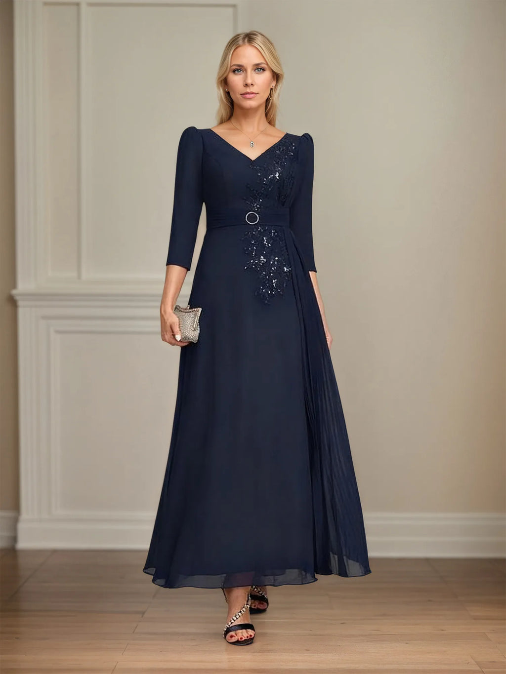 A-Linien Spitzen-Chiffon-Mutter-der-Braut-Kleid mit V-Ausschnitt, knöchellang und plissierten Pailletten