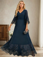 A-line V-Neck Floor-Length Chiffon Evening Dress With Pleated Sequins