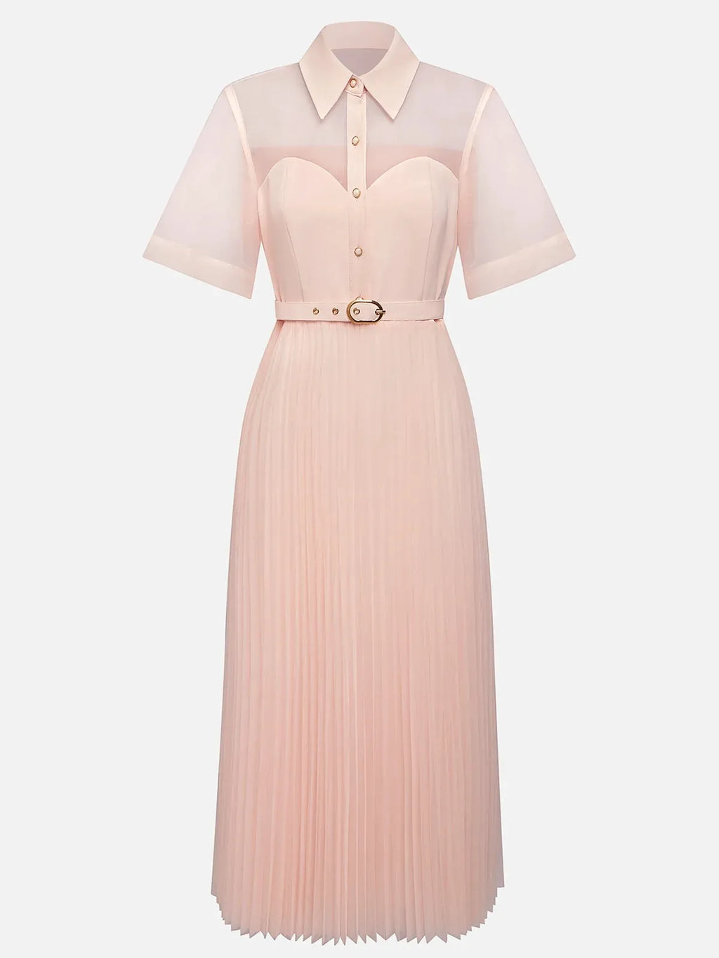 Robe midi plissée rose classique à col chemise et manches courtes ligne A