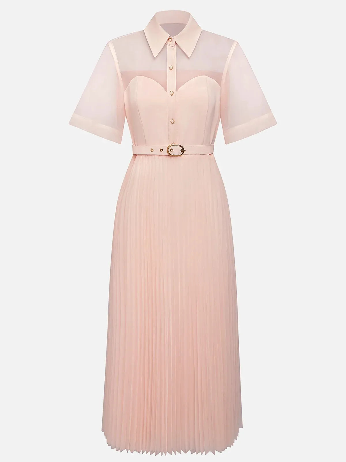 Robe midi plissée rose classique à col chemise et manches courtes ligne A