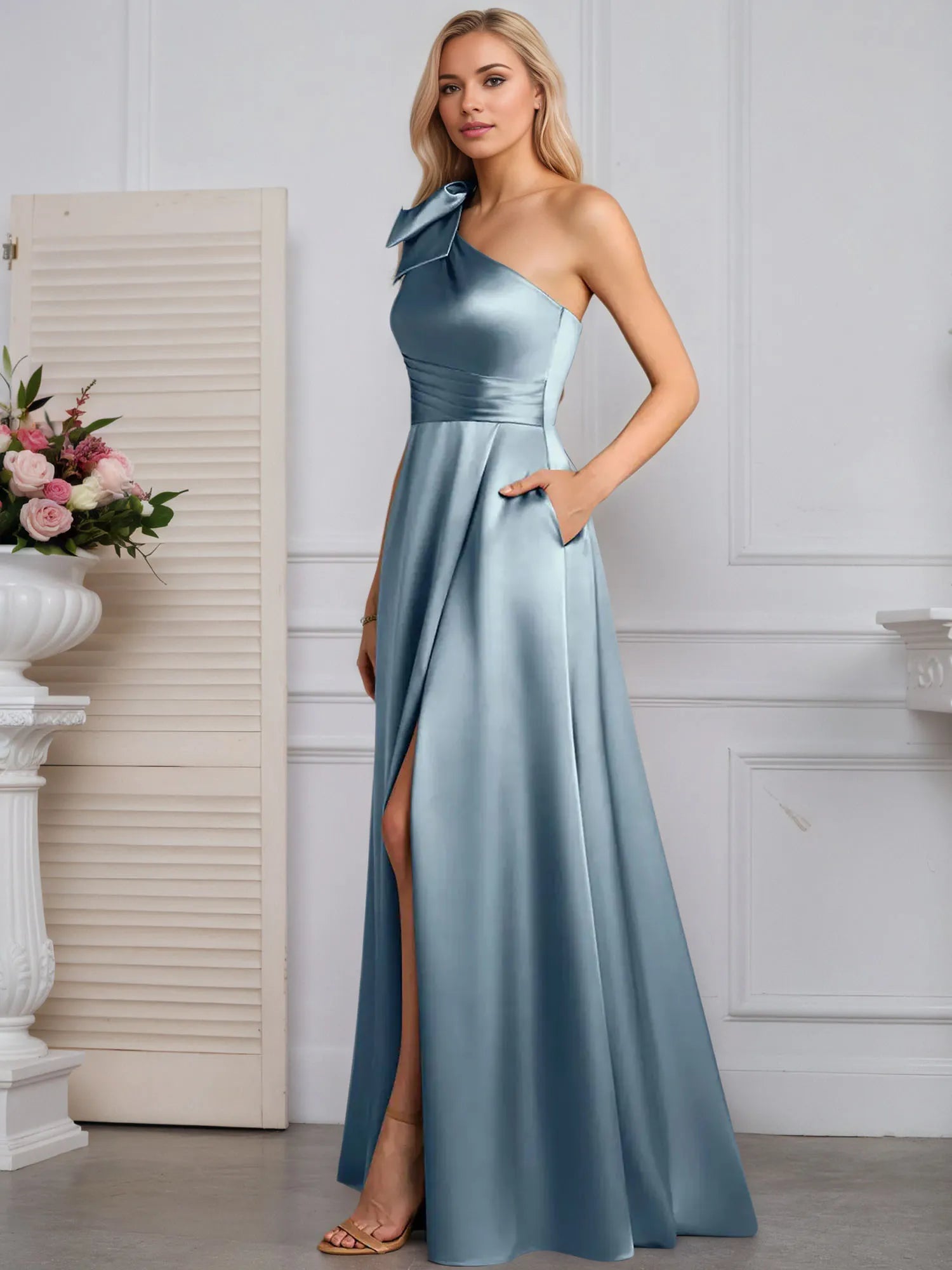 Vestido de madre de la novia línea A con un solo hombro, satinado elástico y lazo