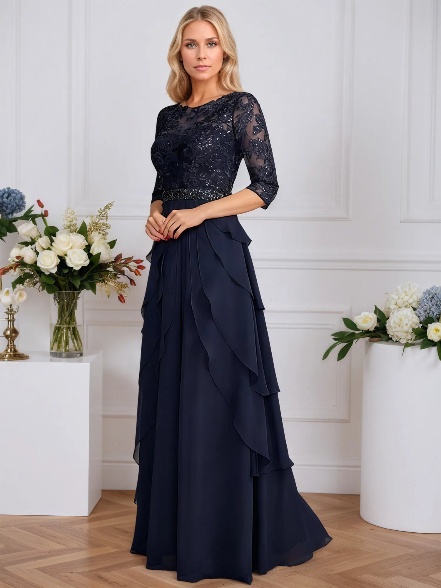 A-Linien Rundhals Illusions-Bodenlanges Chiffon Brautmutterkleid mit Pailletten und Perlenstickerei