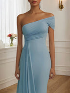 Formal Evening Dress Light Blue One Shoulder Ruched Floor Dress