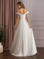 Robe de mariée blanche en mousseline ligne A à épaules dénudées avec paillettes
