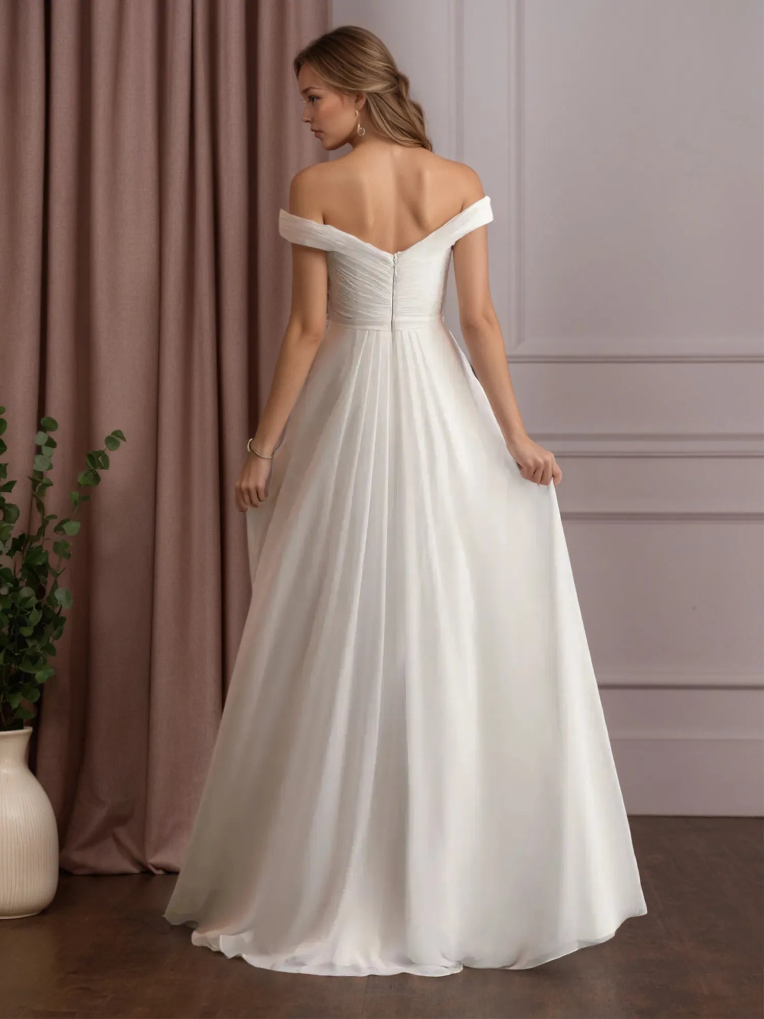 Robe de mariée blanche en mousseline ligne A à épaules dénudées avec paillettes