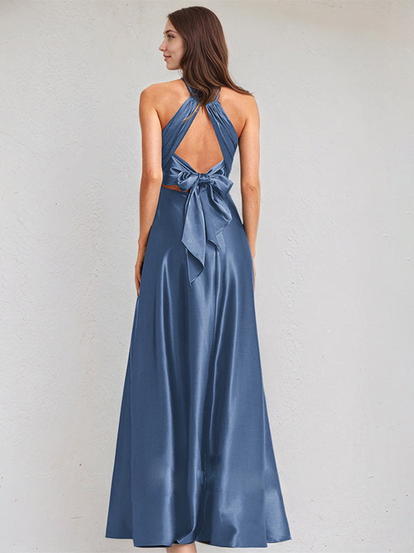 A Line Satin Halter Neck Sleeveless Floor Length Bridesmaid Dress